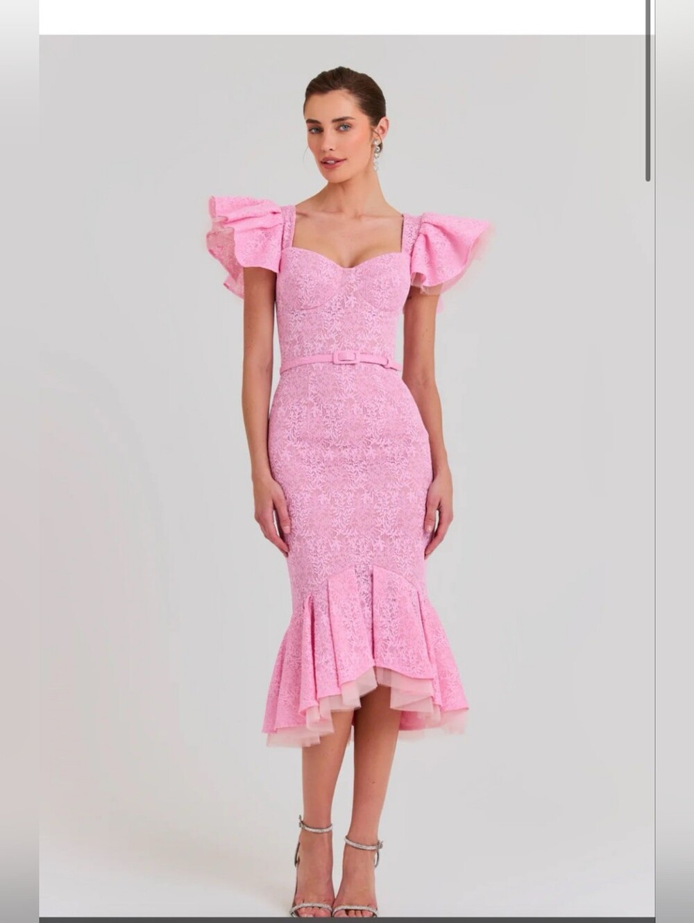 NADINE MERABI Pink Lace Mermaid Midi Dress with Ruffle Sleeves